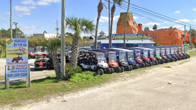 Hangout By The Sea roadside image of golf carts for rent in Panama City Beach